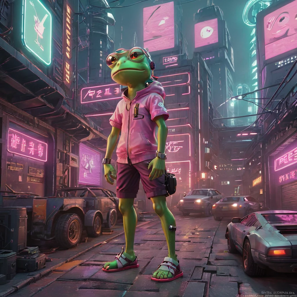 Crea una obra de arte digital de Pepe Frog en un entorno Cyberpunk. Pepe debería ser antropomorfizado, De pie sobre dos piernas y vistiendo un atuendo futurista completo con detalles de neón, cybernetic implants, y accesorios de alta tecnología. El fondo debería ser un bullicioso paisaje urbano Cyberpunk, lleno de letreros de neón, imponentes rascacielos, y vehículos voladores. La expresión de Pepe debe ser de fría confianza, encarnando el espíritu rebelde del género Cyberpunk. La paleta de colores debe ser rica y vibrante, con un enfoque en el blues neón, rosas, y morados. La obra de arte debe ser muy detallada., capturando los intrincados diseños del atuendo de Pepe y la complejidad del mundo Cyberpunk que lo rodea 　ciudad de noche　Neón brillante