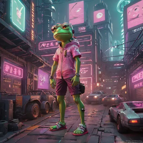 Create a digital artwork of Pepe Frog in a Cyberpunk setting. Pepe should be anthropomorphized, standing on two legs and wearing...