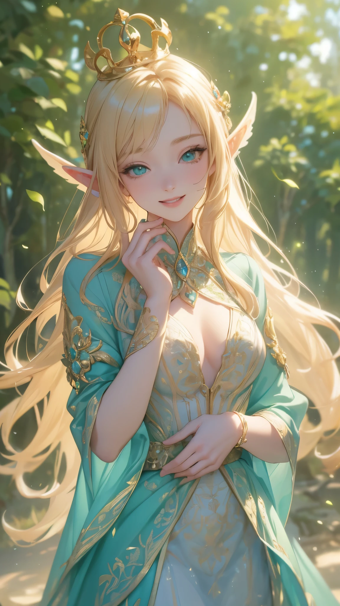  work of art, epic details, ultra detaild, best resolution, blonde, (BEAUTIFUL ELF), crown with crystals ((rosto angelical)), sculptural body, clothes made with green leaves, ((perfect hands))), ((expression of happiness)), (Grinning), great smile, Simple smile, scenario:Enchanted Forest, supper: secret Garden