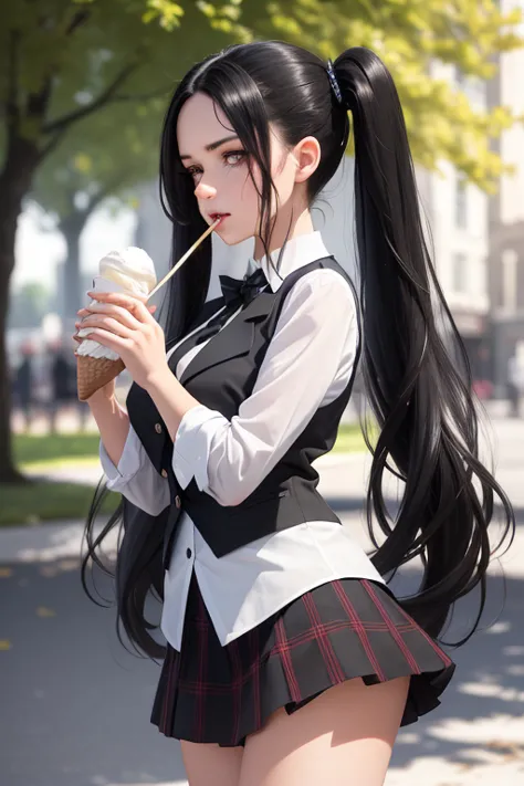 a slender young woman with long black hair styled in twintails, fair skin, striking features, intense dark eyes, white blouse, b...