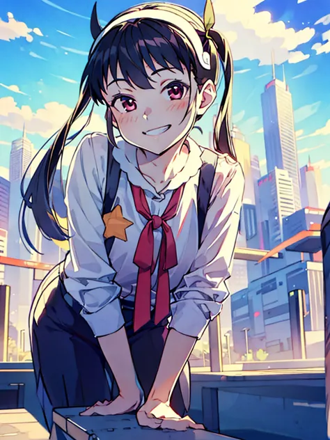 city background, detailed background, hachikuji mayoi,  , leaning forward, charming_smile, breast