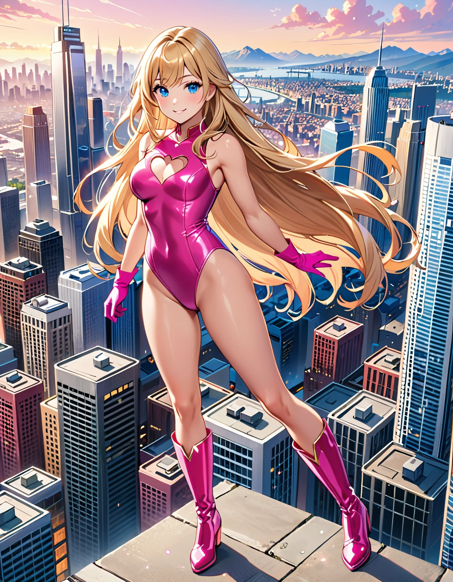masterpiece, best quality, highres, 1girl, solo, superhero, leotard, bare legs, matching boots, sleeveless, looking at viewer, city backdrop, perfect hands, perfect eyes, perfect leotard, perfect legs, perfect arms, perfect fingers, medium breasts, pink leotard, standing, (blonde hair), long hair, knee boots, blue eyes, heart cutout, cute face, hair down, bangs, sleeveless, pink gloves, pink footwear, cleavage cutout, smile, full body with costume :d