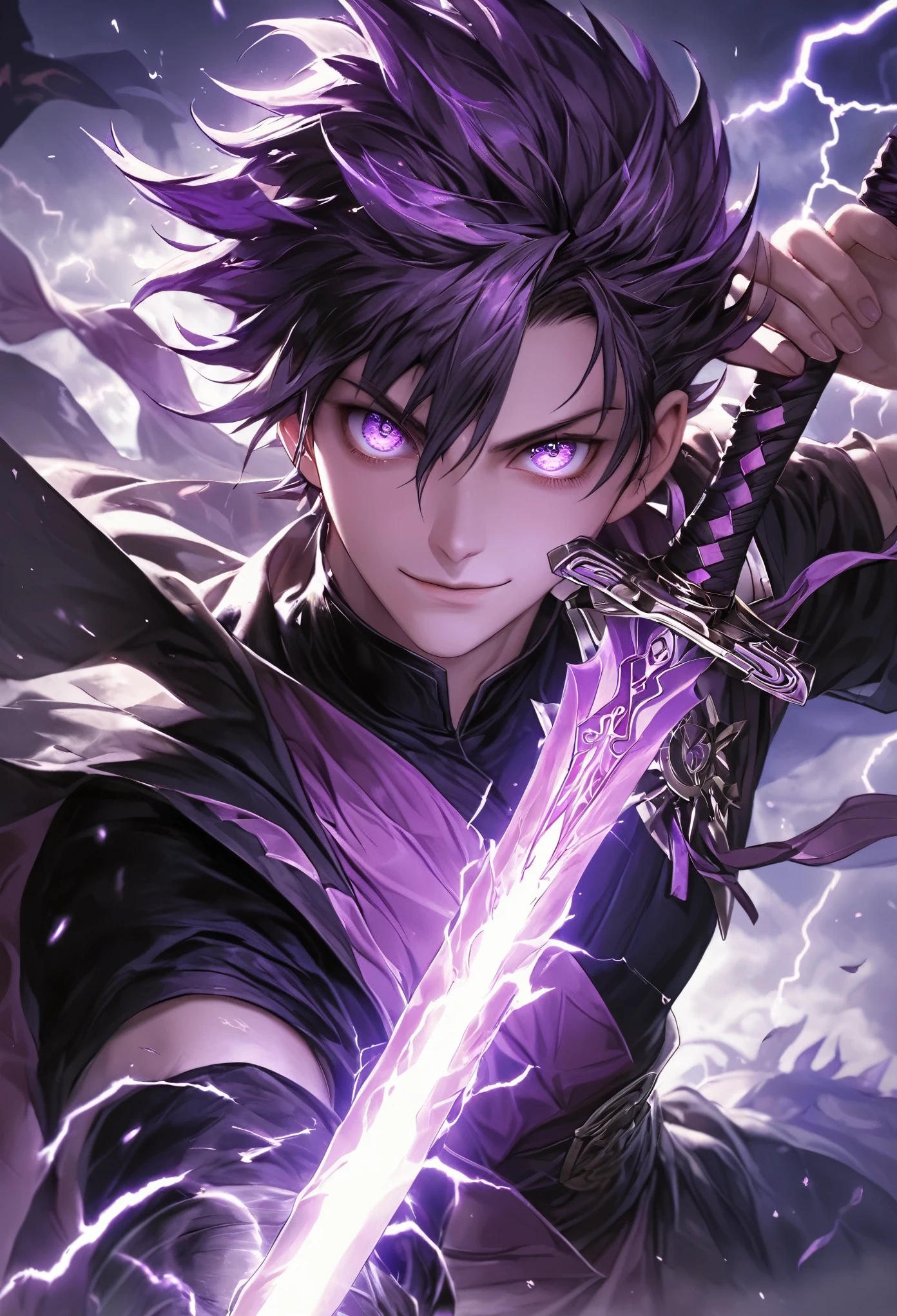 masterpiece, best quality, extremely detailed CG unity 8k wallpaper, A purple sword wrapped in lightning. It is very precisely made. An illustration of a cool girl holding an incredibly precise, high-definition, sharp, glowing sword. He is looking at you with big eyes and sharp eyes. wearing . The sword is tinged with a purple light and gives off a sense of evil. A three-dimensional illustration that gives you a sense of depth.