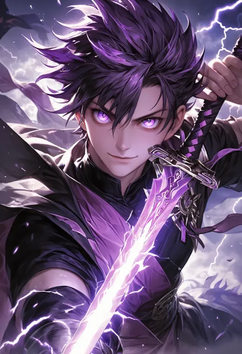 masterpiece, best quality, extremely detailed CG unity 8k wallpaper, A purple sword wrapped in lightning. It is very precisely m...