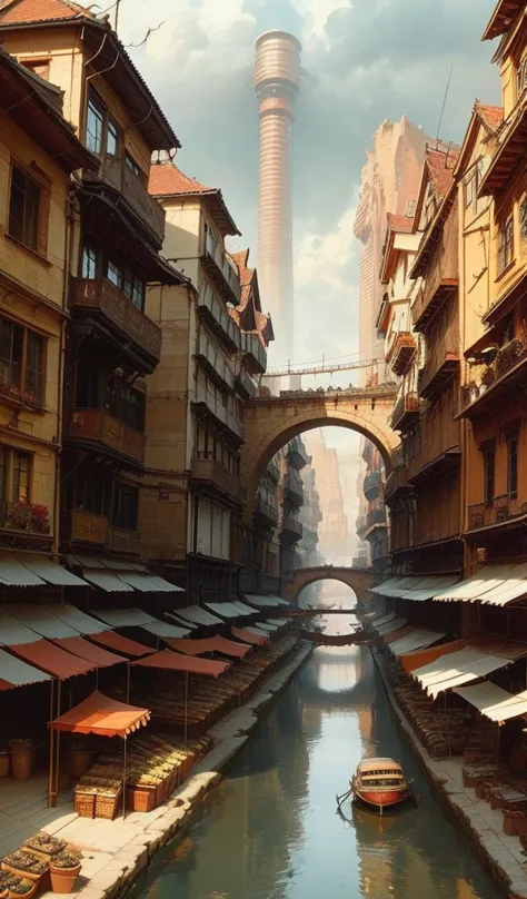  Industrial era city, deep canyons in the middle, architectural streets, bazaars, bridges, rainy days, steampunk, european archi...