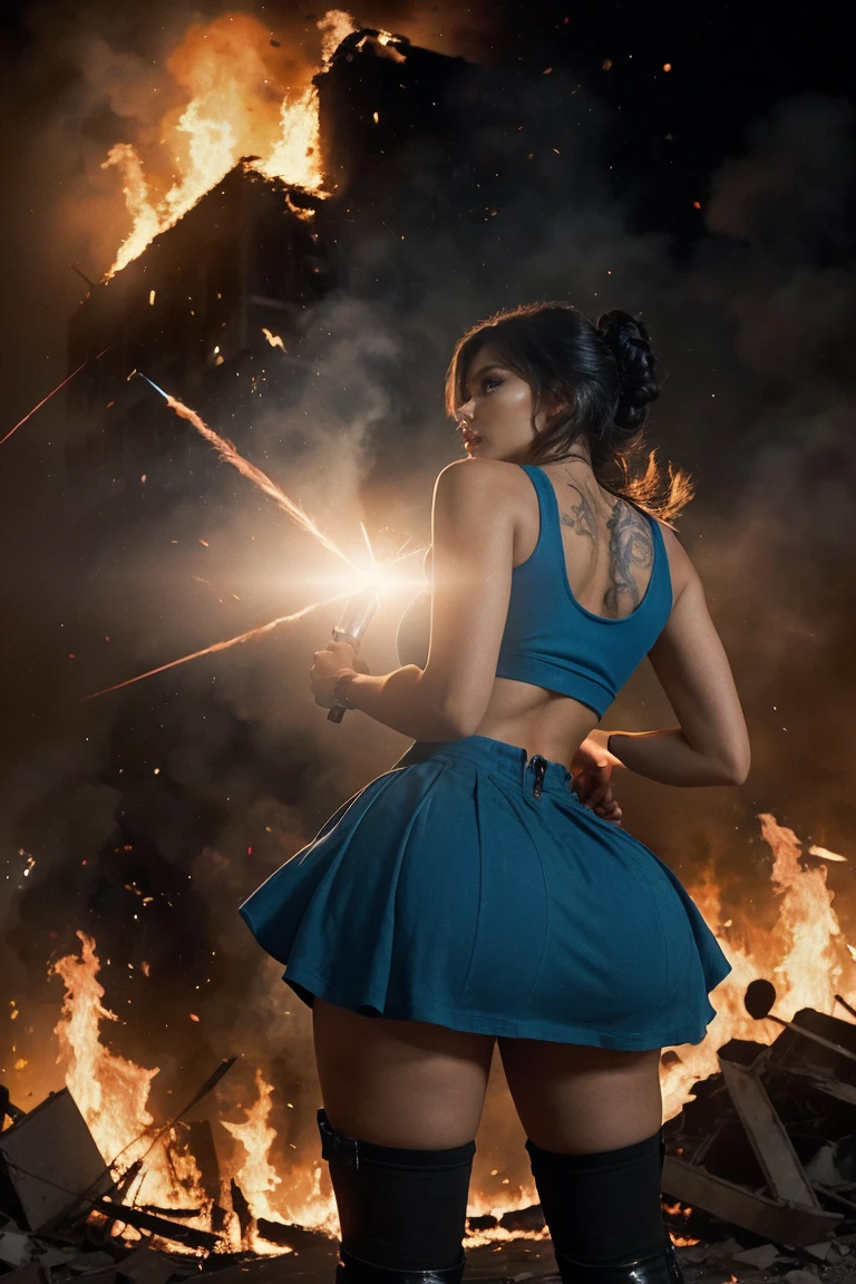 ((CINEMATIC ACTION SHOT)) close-up (shot by Michael Bay:1.4)(35mm, F/2.8) (Madison Beer has black hair and (blue eyes:1.2), is a movie star, skirt, tank top, boots) (burning city) (explosions background, jumping from a burning building, lens flare) (insanely detailed and intricate, character, hypermaximalist, elegant, ornate, beautiful, exotic, revealing, appealing, attractive, amative, hyper realistic, super detailed, trending on flickr)(close-up) lens flare, destruction, halo, burn effects , scream, (heresey flare:1.1)