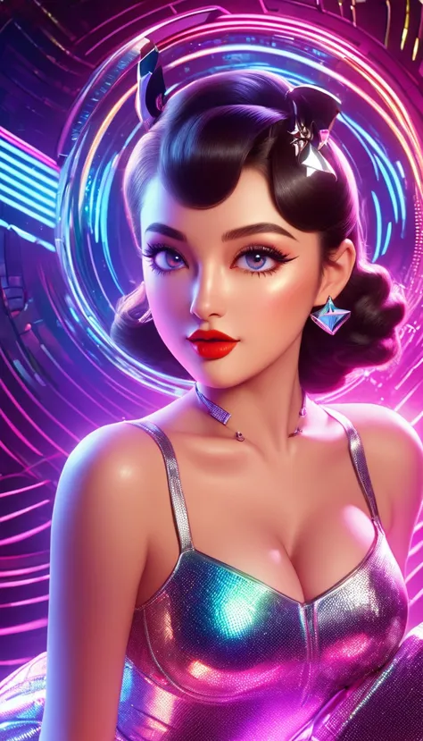 Generate a hyperrealistic image capturing the essence of a futuristic pin-up girl, seamlessly blending classic 1950s charm with ...