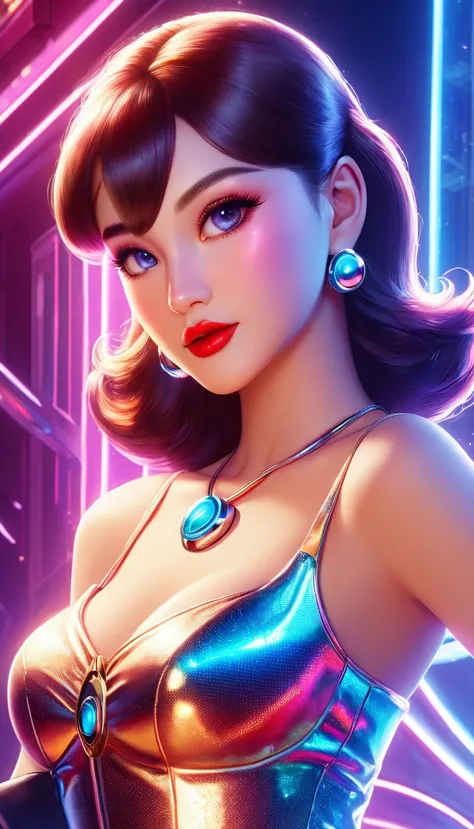 Generate a hyperrealistic image capturing the essence of a futuristic pin-up girl, seamlessly blending classic 1950s charm with ...