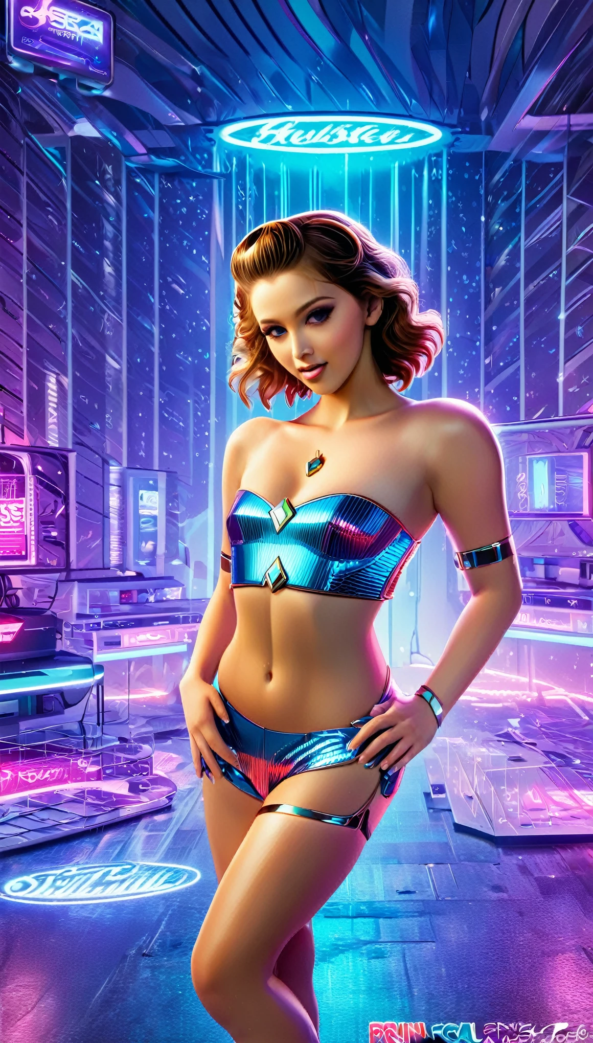Generate a hyperrealistic image capturing the essence of a futuristic pin-up girl, seamlessly blending classic 1950s charm with cutting-edge technology. Envision her in a sleek, metallic environment adorned with holographic elements.. Ultra realistic, vibrant colors, 16k