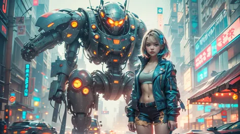 anime girl in short shorts and jacket standing next to giant robot, artwork in the style of guweiz, cyberpunk anime girl mech, t...