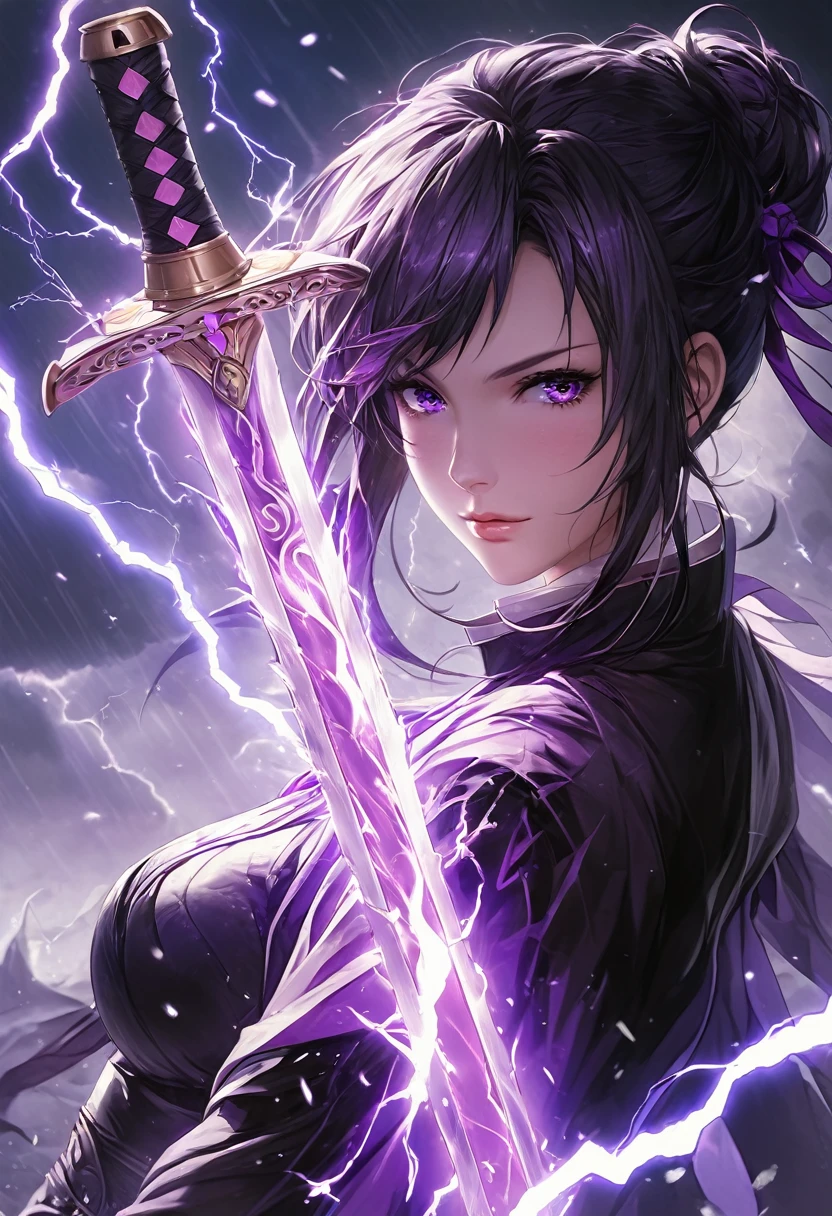 masterpiece, best quality, extremely detailed CG unity 8k wallpaper, A purple sword wrapped in lightning. It is extremely precisely made. An illustration of a cool girl holding an incredibly precise, high-definition, sharp, glowing sword. wearing . The sword emits a purple light, giving off a sense of evil.