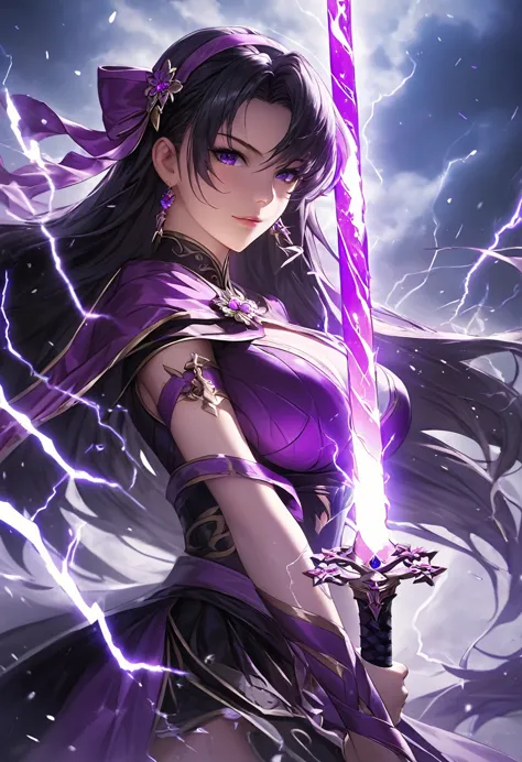 masterpiece, best quality, extremely detailed CG unity 8k wallpaper, A purple sword wrapped in lightning. It is extremely precis...