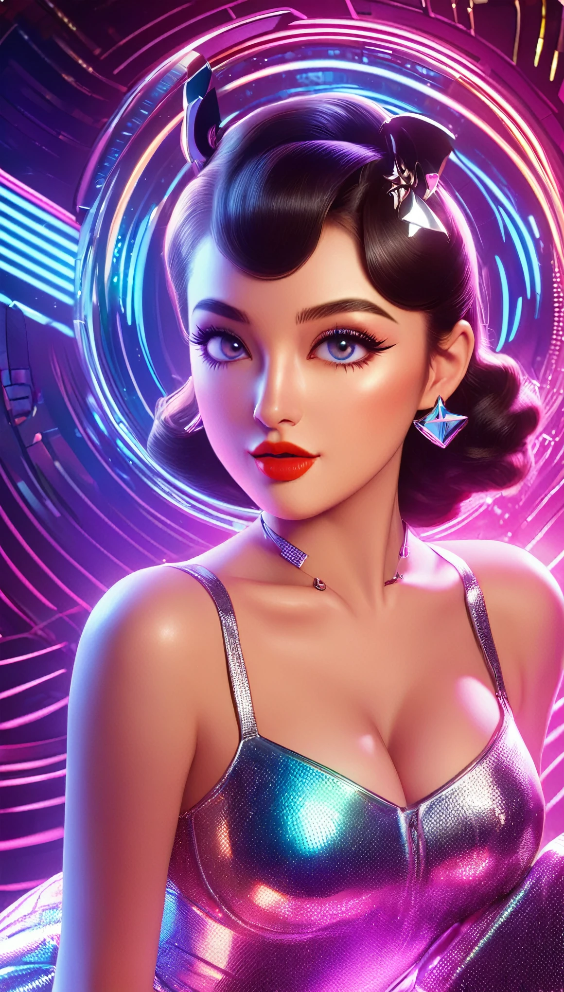 Generate a hyperrealistic image capturing the essence of a futuristic pin-up girl, seamlessly blending classic 1950s charm with cutting-edge technology. Envision her in a sleek, metallic environment adorned with holographic elements.. Ultra realistic, vibrant colors, 16k