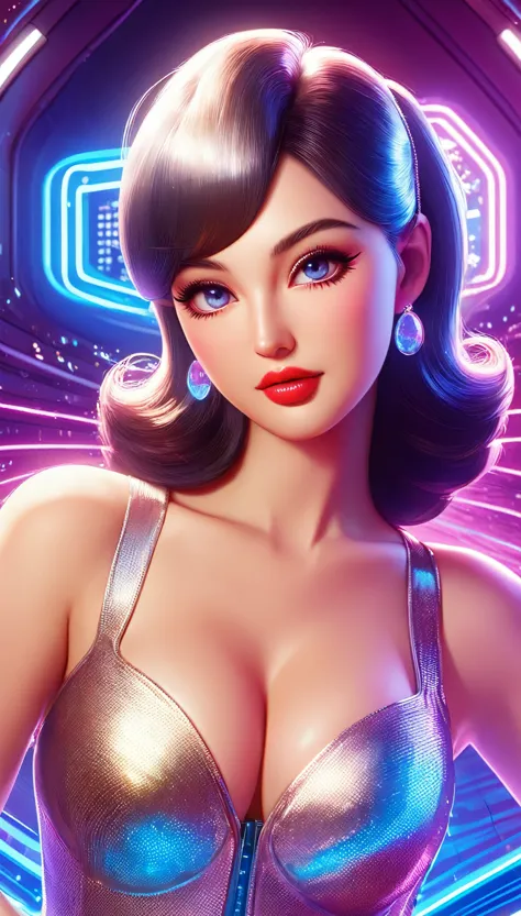 generate a hyperrealistic image capturing the essence of a futuristic pin-up girl, seamlessly blending classic 1950s charm with ...