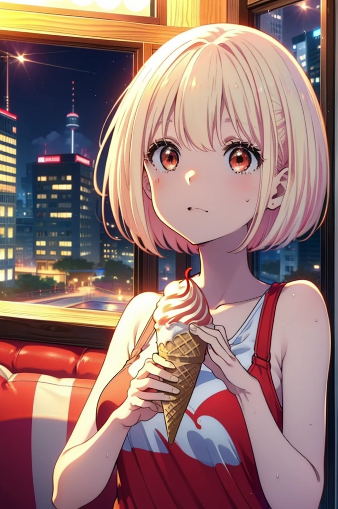  Chisato Nishikigi, short hair, bangs, Blonde, (Red eyes:1.5), Bobcut,smile,Open your mouth,Sweat,Red Tank Top,Red string underwear,barefoot,barefoot,Sitting on the sofa,Holding an ice cream in one hand,Eating ice cream,Daytime,True Summer,whole bodyがイラストに入るように,
break outdoors,room,
break looking at viewer, whole body,
break (masterpiece:1.2), Highest quality, High resolution, unity 8k wallpaper, (figure:0.8), (Beautiful attention to detail:1.6), Highly detailed face, Perfect lighting, Highly detailed CG, (Perfect hands, Perfect Anatomy),