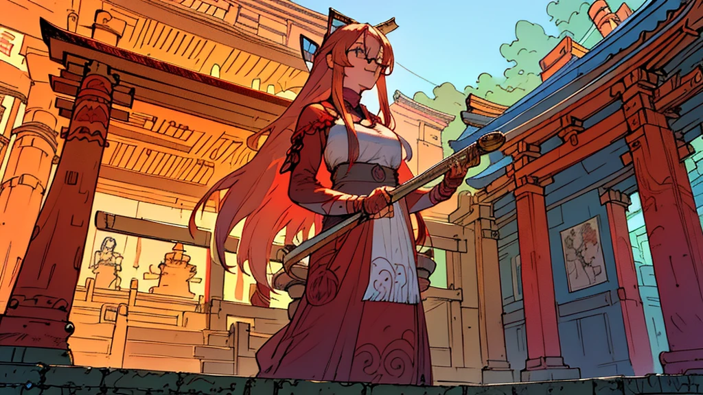 intricate detailed,realistic,from below,
1girl,23yo,blue eyes, wearing red glasses,strawberry blonde hair,long hair, (white skin),big smile,large breasts,
miko,Chihaya,red hakama,holding kagura bell,
Precincts of the shrine,red torii,looking away,looking up,
