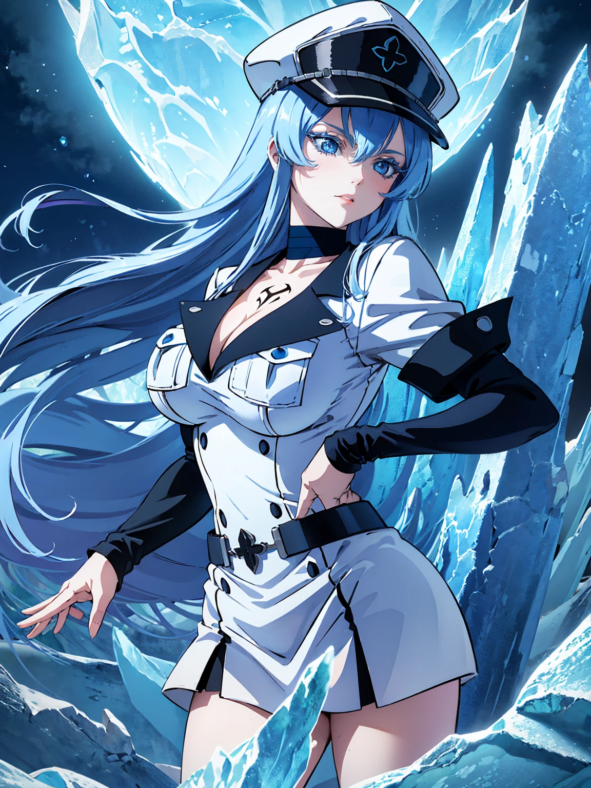 (artwork, best quality) a girl with long blue hair, blue eyes, blue eyelashes, white sailor suit with captain's hat, big breasts, perfect body, pretty eyes, good waist, tattoo, annoying, blowing cold steam, on an ice wall, ice spikes behind, at night