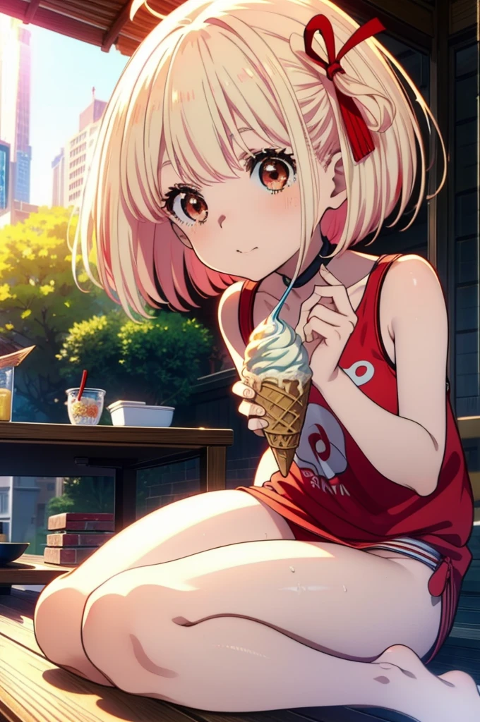  Chisato Nishikigi, short hair, bangs, Blonde, (Red eyes:1.5), Bobcut,smile,Open your mouth,Sweat,Red Tank Top,Red string underwear,barefoot,barefoot,Sitting on the sofa,Holding an ice cream in one hand,Eating ice cream,Daytime,True Summer,whole bodyがイラストに入るように,
break outdoors,room,
break looking at viewer, whole body,
break (masterpiece:1.2), Highest quality, High resolution, unity 8k wallpaper, (figure:0.8), (Beautiful attention to detail:1.6), Highly detailed face, Perfect lighting, Highly detailed CG, (Perfect hands, Perfect Anatomy),