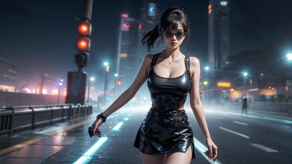 8k, Realistic Skin Texture, Realistic Photo, Neo Tokyo, slim Japanese women, large-breast:1.3 cleavage:1.2, AD2050 at night, Dirty hunting jacket, Wearing tube top, miniskirt, (((black sunglasses, automatic rifle, sneakers, cold, shooting pose, low angle view))), Innovative composition, revenge, cyberpunk, blade runner worldview, Large neon sign, Geisha hologram sign, Strong Wakamoto Sign.