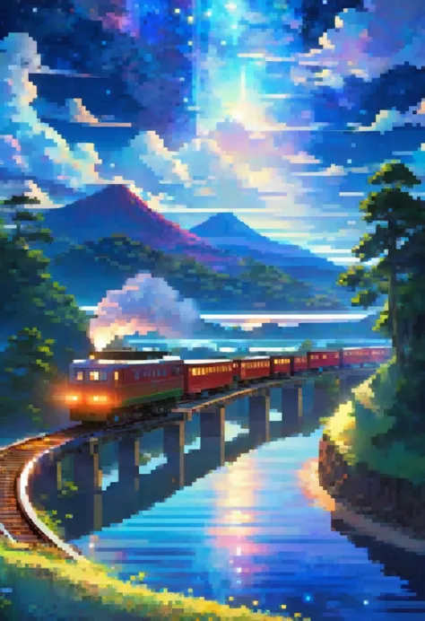 High-quality masterpiece, landscape, cloud, Cartoon train passing a body of water on the tracks in the distance, Bright starry s...