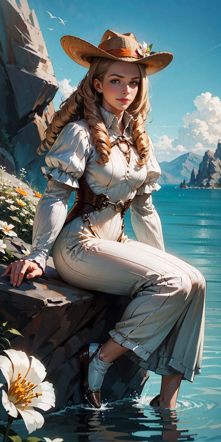 1girl, outdoors, solo, flower, blue eyes, long hair, looking at viewer, long dress, hat, ocean, dress, sitting, white flower, sky, bug, hat flower, day, bangs, butterfly, water, long sleeves, blue sky, rock, cloud, orange dress, blonde hair, horizon, orange headwear, hair ornament, closed mouth, smile, hair flower, short sleeves, looking to the side, bird, scenery, mountainous horizon, red headwear, white dress, Handcuffs on their hands, With a collar around the neck