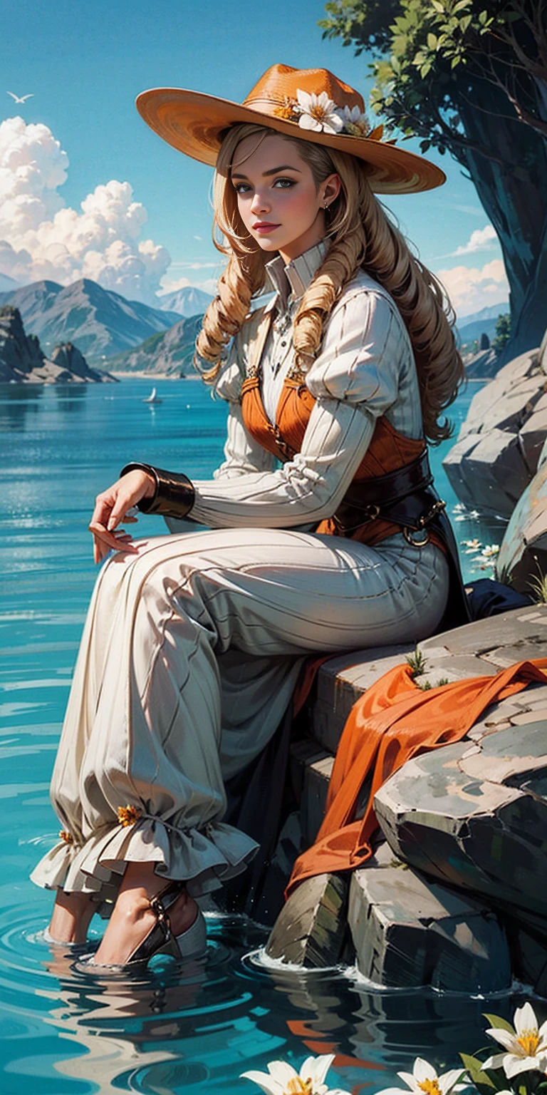 1girl, outdoors, solo, flower, blue eyes, long hair, looking at viewer, long dress, hat, ocean, dress, sitting, white flower, sky, bug, hat flower, day, bangs, butterfly, water, long sleeves, blue sky, rock, cloud, orange dress, blonde hair, horizon, orange headwear, hair ornament, closed mouth, smile, hair flower, short sleeves, looking to the side, bird, scenery, mountainous horizon, red headwear, white dress, Handcuffs on their hands, With a collar around the neck