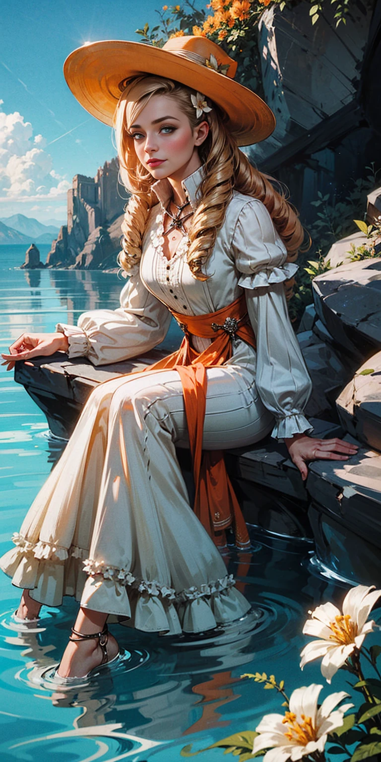 1girl, outdoors, solo, flower, blue eyes, long hair, looking at viewer, long dress, hat, ocean, dress, sitting, white flower, sky, bug, hat flower, day, bangs, butterfly, water, long sleeves, blue sky, rock, cloud, orange dress, blonde hair, horizon, orange headwear, hair ornament, closed mouth, smile, hair flower, short sleeves, looking to the side, bird, scenery, mountainous horizon, red headwear, white dress, Handcuffs on their hands, With a collar around the neck