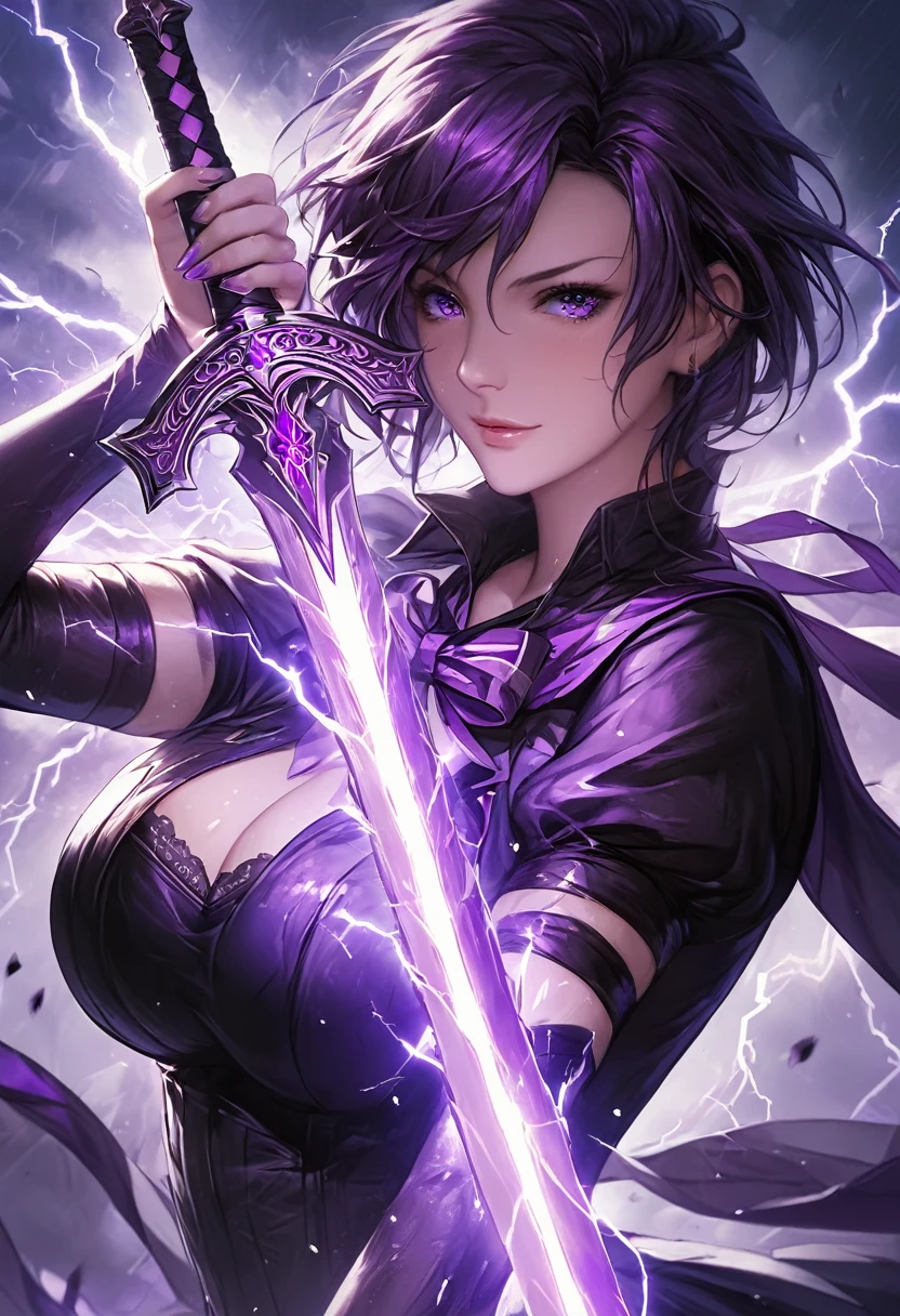 masterpiece, best quality, extremely detailed CG unity 8k wallpaper, A purple sword wrapped in lightning. It is extremely precisely made. An illustration of a cool girl holding an incredibly precise, high-definition, sharp, glowing sword. wearing . The sword emits a purple light, giving off a sense of evil.