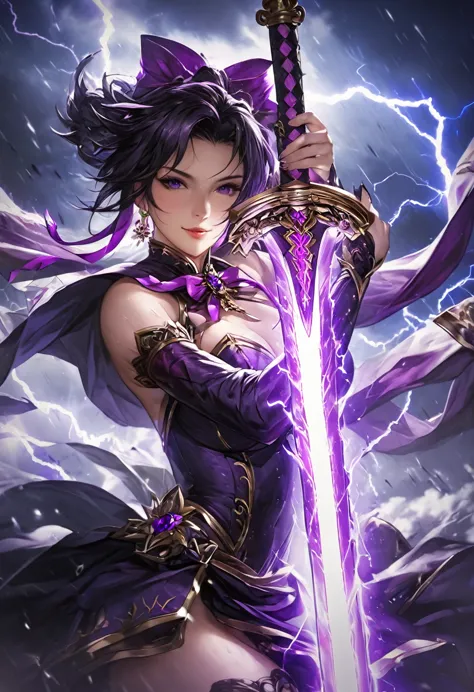 masterpiece, best quality, extremely detailed CG unity 8k wallpaper, A purple sword wrapped in lightning. It is extremely precis...