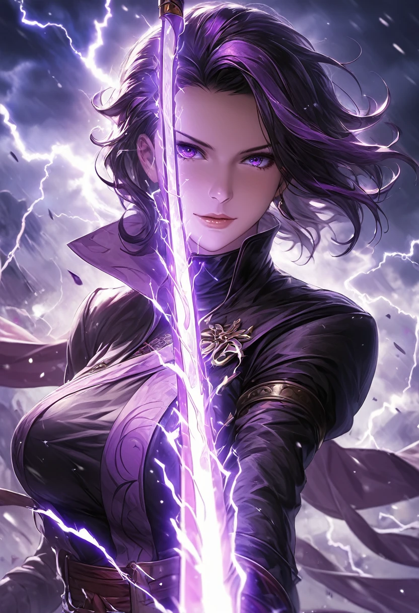 masterpiece, best quality, extremely detailed CG unity 8k wallpaper, A purple sword wrapped in lightning. It is extremely precisely made. An illustration of a cool girl holding an incredibly precise, high-definition, sharp, glowing sword. wearing . The sword emits a purple light, giving off a sense of evil.