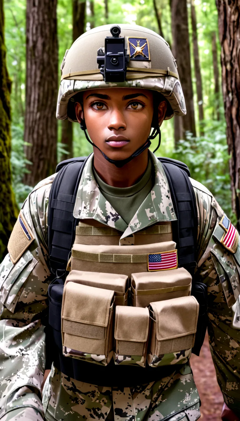 Call to action, preparer, United States Armed Forces, walking through a forest. walking towards the camera, eye contact,