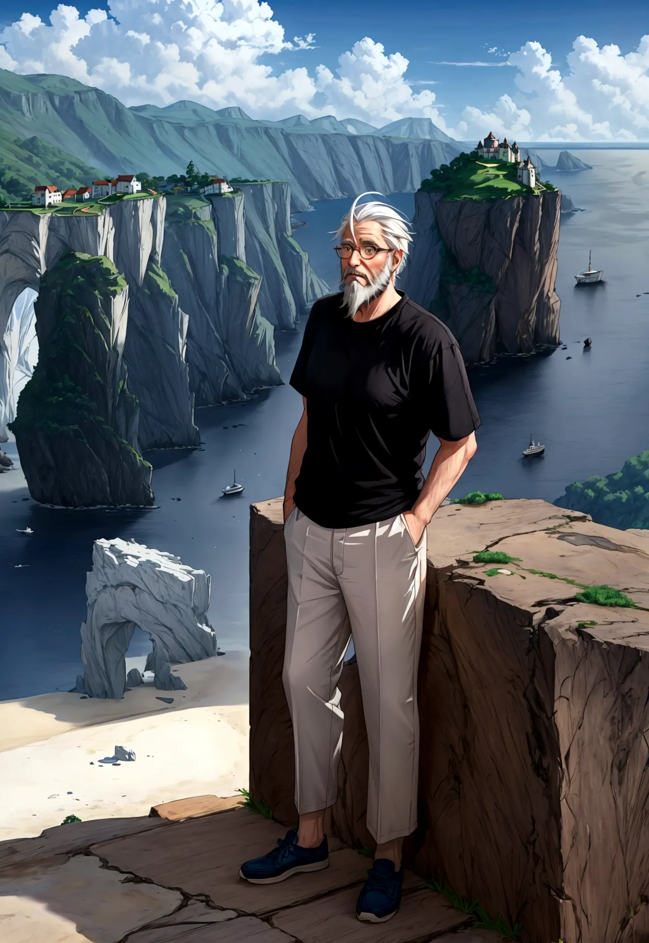 create a high-quality anime-style image featuring an elderly man standing on a rocky cliff by the sea. the man has white hair, a...