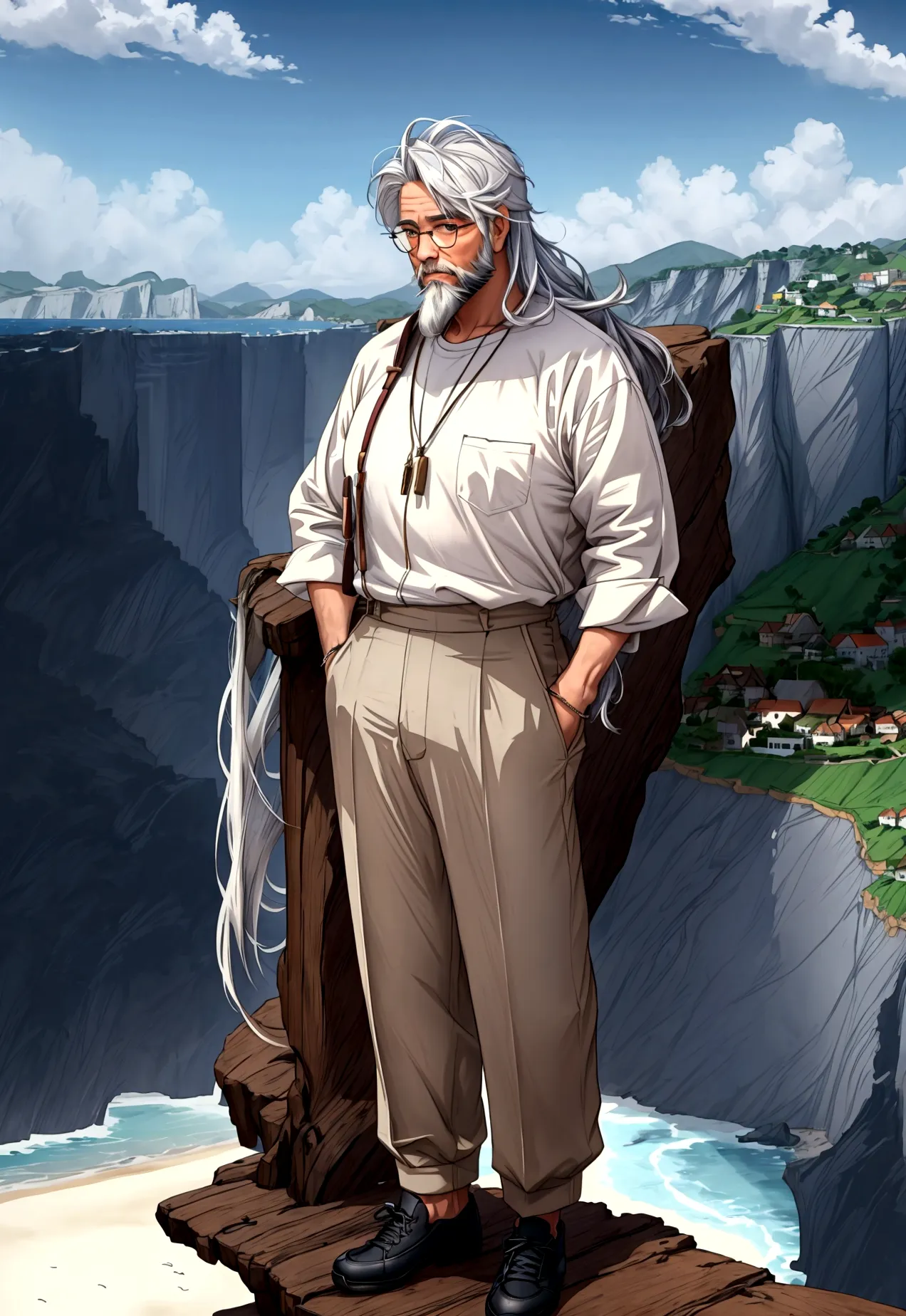 Create a high-quality anime-style image featuring an elderly man standing on a rocky cliff by the sea. The man has white hair, a...