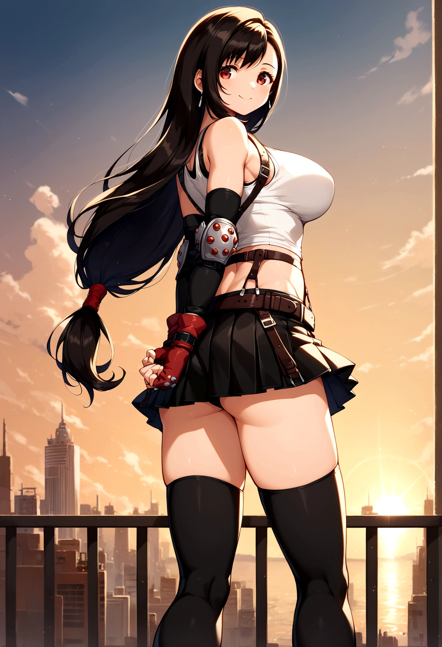 score_9, score_8_up, score_7_up, score_6_up, score_5_up,,rating_safe. BREAK , (from behind,looking back,feet focus,standing,straight-on,,(upperbody),looking_at_viewer ,1girl, tifa lockhart, final fantasy, tareme,black hair, low-tied long hair, red eyes, bangs, (white tank top, belt, pleated skirt, thighhighs, elbow fingerless gloves, elbow pads, midriff, navel,suspender skirt) ,large_breasts,(light smile),,,Solo,,(daytime and beachside and city),(best quality),(aesthetic,very aesthetic),,highly detailed,,depth of field,,professional lighting,cinematic lighting, ,(arms behind back),