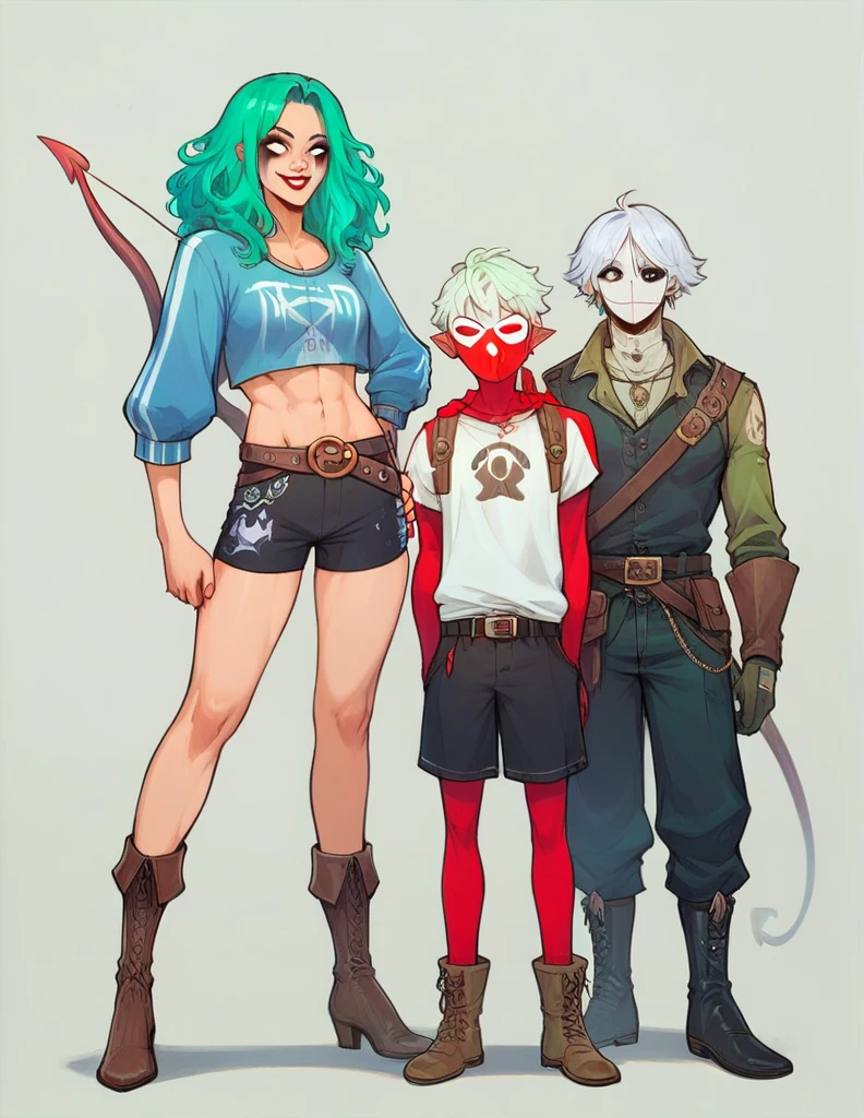 Group photo. ((5 personajes juntos)) (girl dressed in red, shorts and boots, bow and arrow, hood and a mask). (space pirate girl with green hair with black skirt and stockings). (athletic boy with green hair and soccer costume). (demon boy with white hair, white eyes and pirate outfit). (girl with white hair, oversized t-shirt, white legs, boots and clown makeup). (boy with long blue hair and warrior clothing).