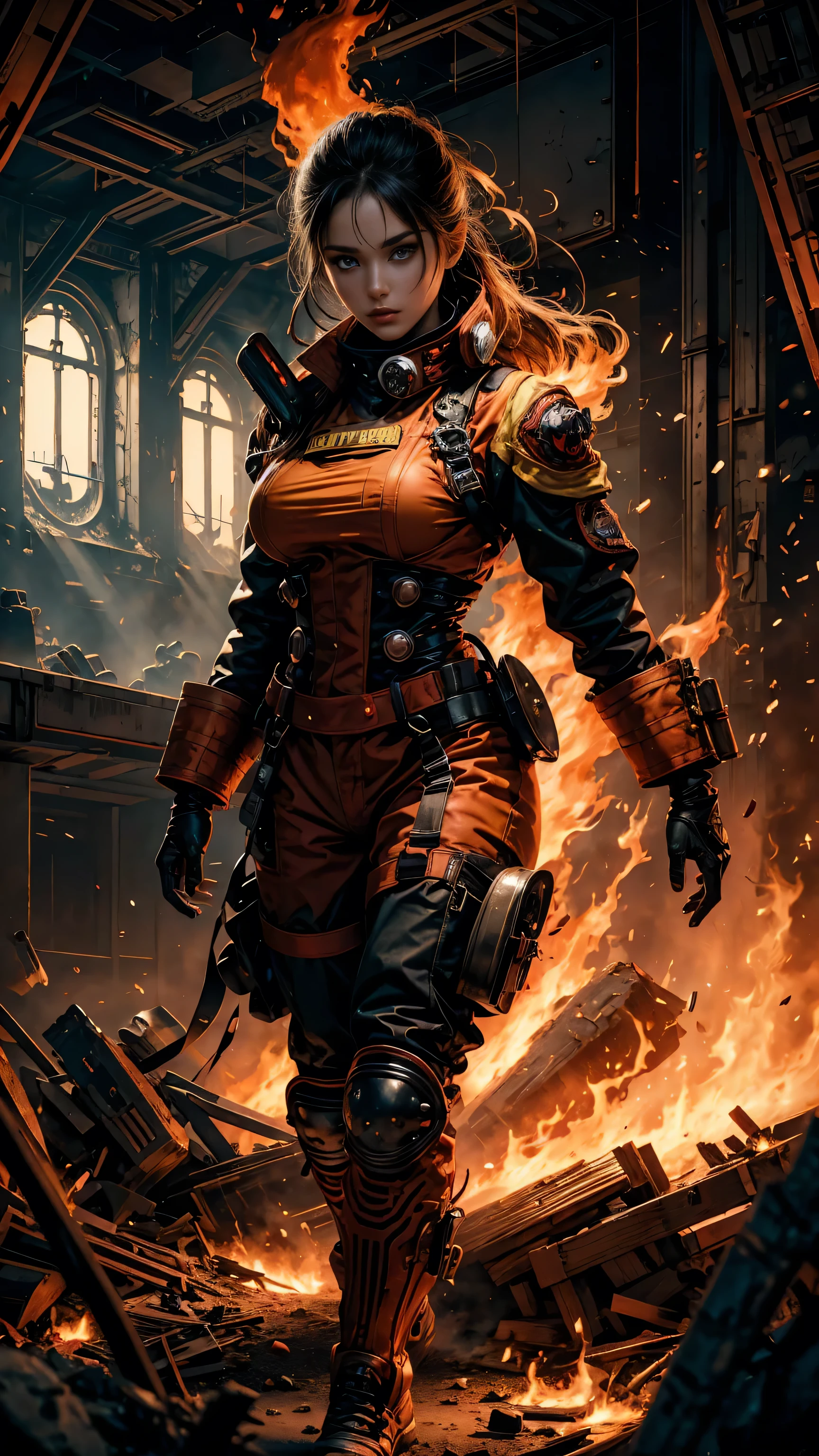 A sexy Fire Fighter, anime style. walking through a building on fire, rotten and burnt, (traje de bombero, traje de bombero:1.4) showing off a sexy and tough firefighter outfit. Every space and build in the landscape is meticulously rendered, from the most desolate and terrifying fire, creating a visually stunning and immersive situation. The overall effect is a terrifying mix of fantasy, fire and adrenaline, hellpunk anime. close-up, fine quality eyes, ultra detailed, Beautiful and aesthetically pleasing, masterpiece, Best quality score, Extremely detailed , dynamic angle, raytraced, middle body, close up, high view, fire particles and hard lights, angulo picado.,worldoffire,metal steel building, looking at camera