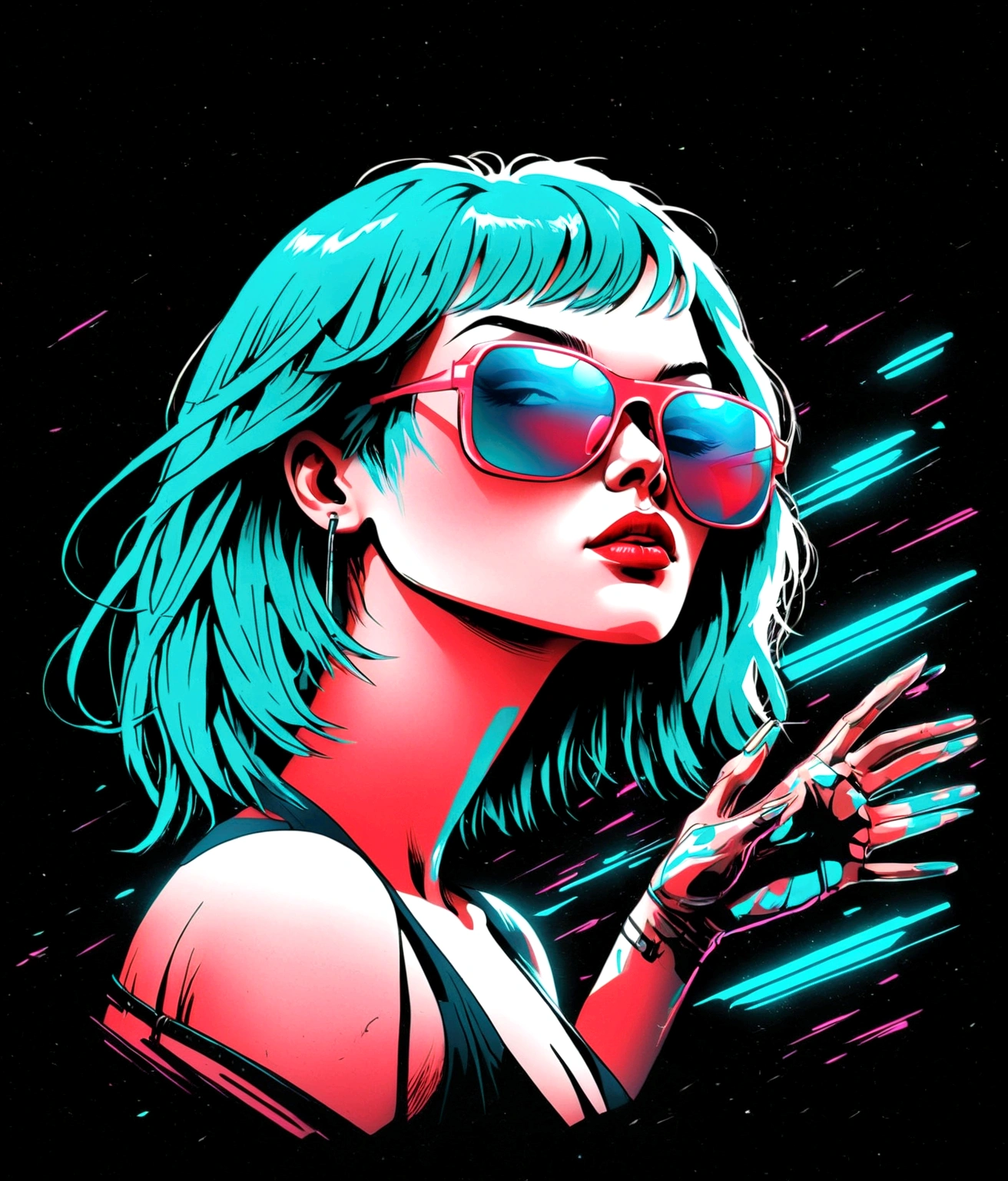 uma mulher com cabelo azul e óculos escuros no rosto, arte cyberpunk por Liam Wong, tumblr, arte digital, só uma piada, no estilo de ilustração digital, Operadora de néon Margot Robbie, ilustrações de alto contraste, Martin então, Ilustração estética granulada 3D, arte synthwave, arte synthwave style, estilo de arte cyberpunk, desenhado em estilo neo - noir