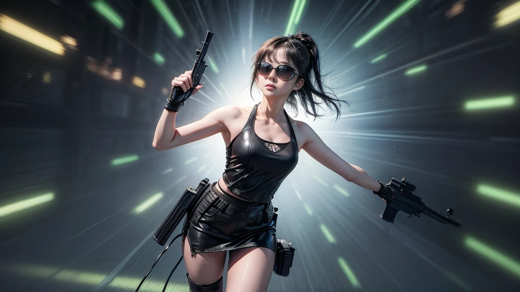 8k, Realistic Skin Texture, Realistic Photo, Neo Tokyo, slim Japanese women, large-breast:1.3 cleavage:1.2, AD2050 at night, Dirty hunting jacket, Wearing tube top, miniskirt, (((black sunglasses, automatic rifle, sneakers, cold, shooting pose, low angle view))), Innovative composition, revenge, cyberpunk, blade runner worldview, Large neon sign, Geisha hologram sign, Strong Wakamoto Sign.