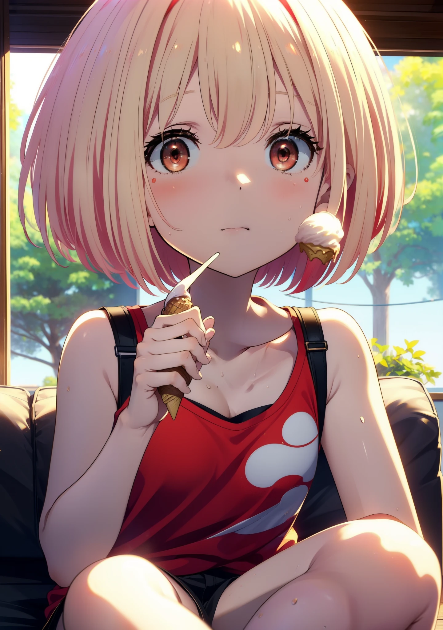  Chisato Nishikigi, short hair, bangs, Blonde, (Red eyes:1.5), Bobcut,smile,Open your mouth,Sweat,Red Tank Top,Shorts,barefoot,barefoot,Sitting on the sofa,Holding an ice cream in one hand,Eating ice cream,Daytime,True Summer,whole bodyがイラストに入るように,
break outdoors,room,
break looking at viewer, whole body,
break (masterpiece:1.2), Highest quality, High resolution, unity 8k wallpaper, (figure:0.8), (Beautiful attention to detail:1.6), Highly detailed face, Perfect lighting, Highly detailed CG, (Perfect hands, Perfect Anatomy),