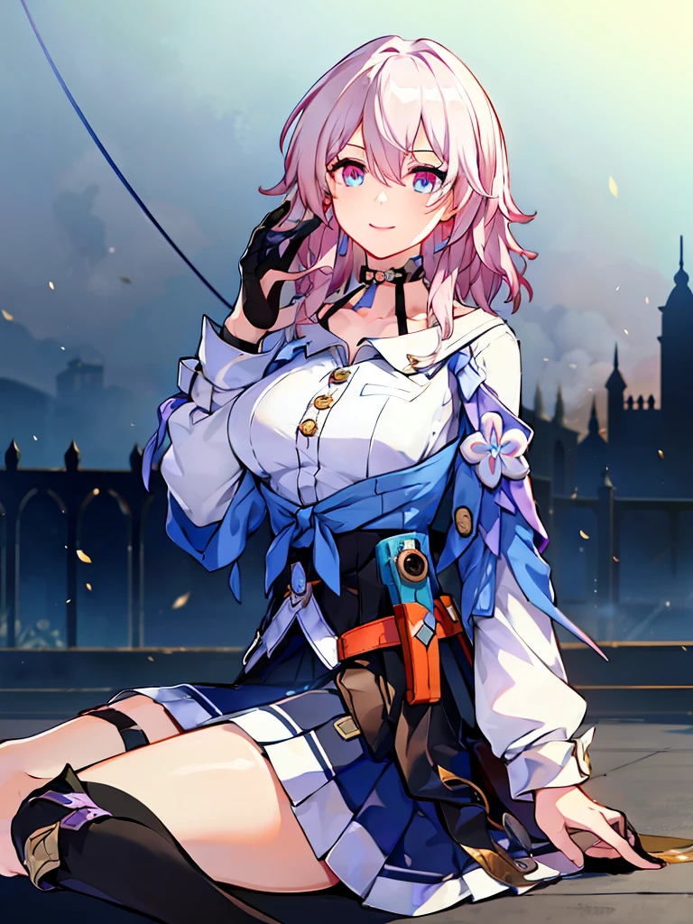 (masterpiece), best quality, expressive eyes, Perfect face, 1 girl, Solitary, March 7, blue eyes, Hair between the eyes, Medium Length Hair, pink eyes, Pink Hair, Two-Tone eyes, ankle boots, Archery Shooting Gloves, badge, Bare legs, black Necklace, black corset, Black footwear, black Gloves, blue Jacket, blue skirt, boots, button badge, Buttons, Necklace, clavicle, corset, earrings, Floral ornaments, Gloves, high heel boots, High heel, Jacket, Jewelry, Long sleeve, Miniskirt, partially fingerless Gloves, pleated skirt, shirt, single earrings, Single Gloves, skirt, Thigh straps, tied Jacket, Lower Bust, white shirt, Smile, City, background, futuristic City, sit on the floor, Knees up, Upper Body, portrait, Looking at the audience