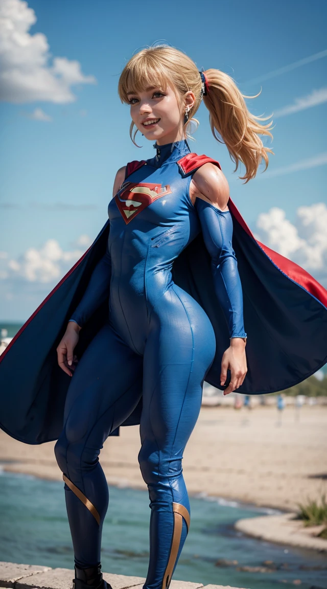 (Muscular:2.2), (thick thighs:1.8),
blonde female, (supergirl), (big smile:1.5), (blunt bangs:1.3), (ponytail:1.2),
earrings, lipstick, eyeshadow,
hard nipples,
(blue fullbodysuit:1.8), (small cape:1.3),
looking at viewer, three quarter view, (upper body view:2.5),
(floating, in midair, sky and clouds background:1.3), rim lighting, two tone lighting, dim lighting, bokeh, detailed skin, detailed eyes