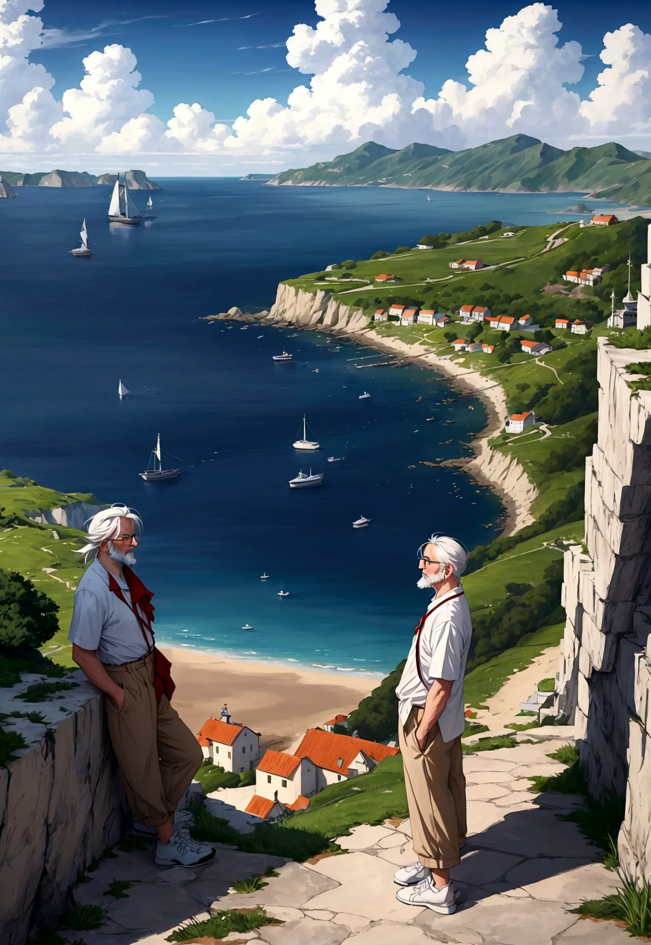 create a high-quality anime-style image featuring an elderly man standing on a rocky cliff by the sea. the man has white hair, a...