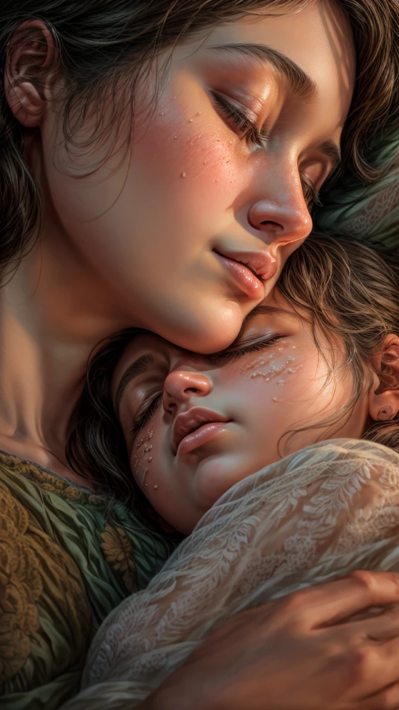 a young girl sleeping on her mother's lap, detailed facial features, beautiful detailed eyes, beautiful detailed lips, extremely detailed eyes and face, long eyelashes, tender embrace, soft lighting, warm color tones, (best quality,4k,8k,highres,masterpiece:1.2),ultra-detailed,(realistic,photorealistic,photo-realistic:1.37),portrait,painting,natural light