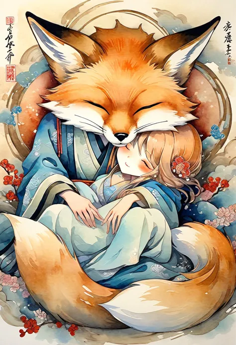 best quality, super fine, 16k, 2.5D, delicate and dynamic depiction, fox spirit stroking the head of sleeping  on his lap, gentl...