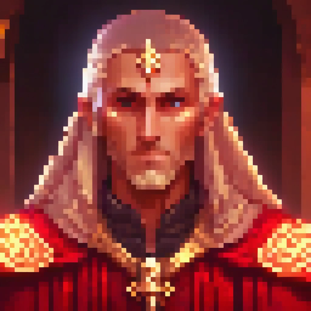 a thin cleric male portrait, detailed eyes, , extremely detailed face and features, team focused buff powers, red flowing robes, soft glowing light, intricate pixel art style, highly detailed, masterpiece, 8k, photorealistic, portrait, fantasy, magical, ethereal, cinematic lighting, dramatic contrast, vivid colors, digital painting