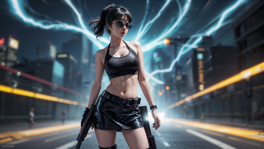 8k, Realistic Skin Texture, Realistic Photo, Neo Tokyo, slim Japanese women, large-breast:1.3 cleavage:1.2, AD2050 at night, Dirty hunting jacket, Wearing tube top, miniskirt, (((black sunglasses, automatic rifle, sneakers, cold, shooting pose, low angle view))), Innovative composition, revenge, cyberpunk, blade runner worldview, Large neon sign, Geisha hologram sign, Strong Wakamoto Sign.