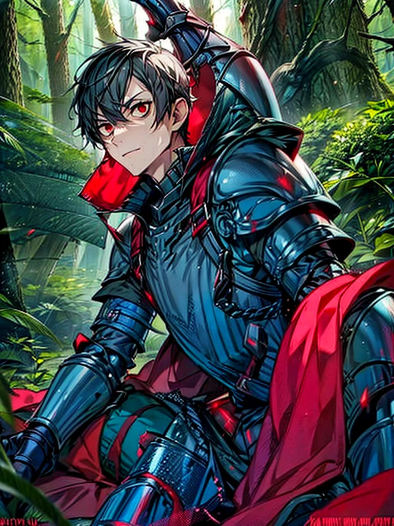 a vampire, man, sexy, In a forest, firm roja, with armor 