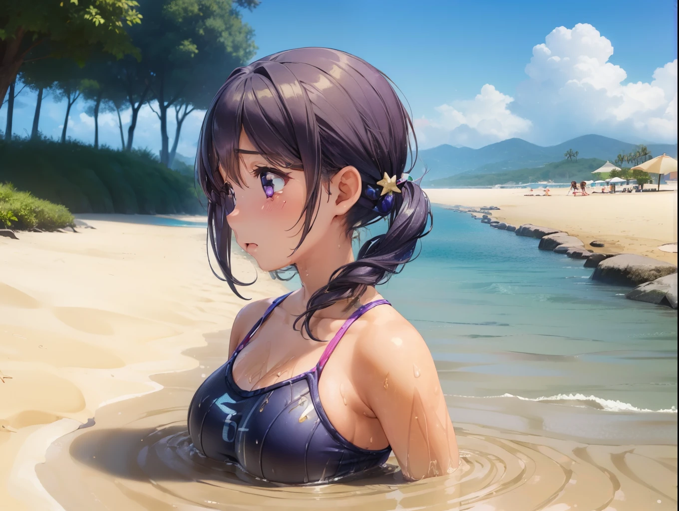 (5girls), (multiple girls:2), nozomi toujou, aichan, naomi scott, arisa ayase, breasts, masterpiece, best quality, high resolution, good lighting, detailed CG, swimsuit, upset, scared, (quicksand, beach, partially submerged), tears