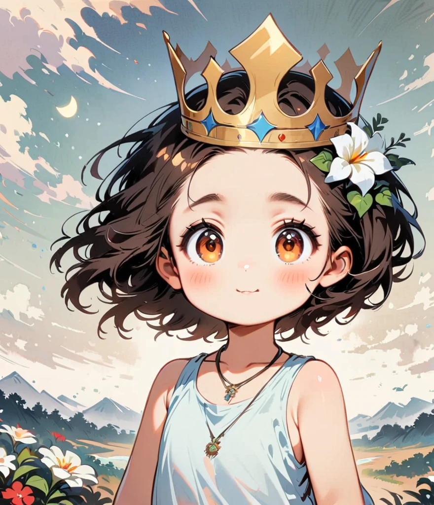 Wearing the Crown、Gardenia flowers、large white flowers、Cartoon style character design，1 Girl, alone，Big eyes，Cute expression，Tank top、interesting，interesting，Clean Lines