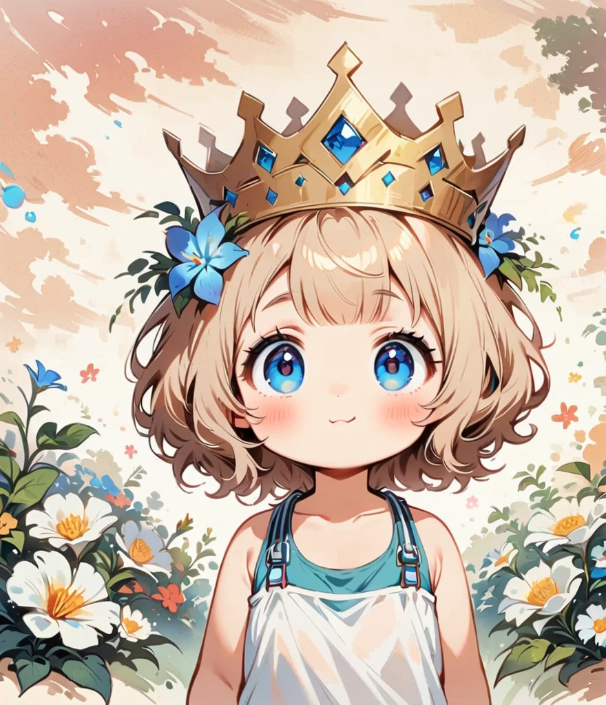 Wearing the Crown、Gardenia flowers、large white flowers、Cartoon style character design，1 Girl, alone，Big eyes，Cute expression，Tank top、interesting，interesting，Clean Lines